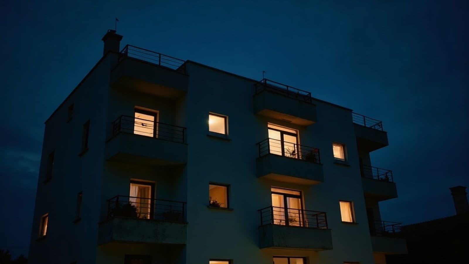 Edificio de viviendas de noche con las ventanas encendidas